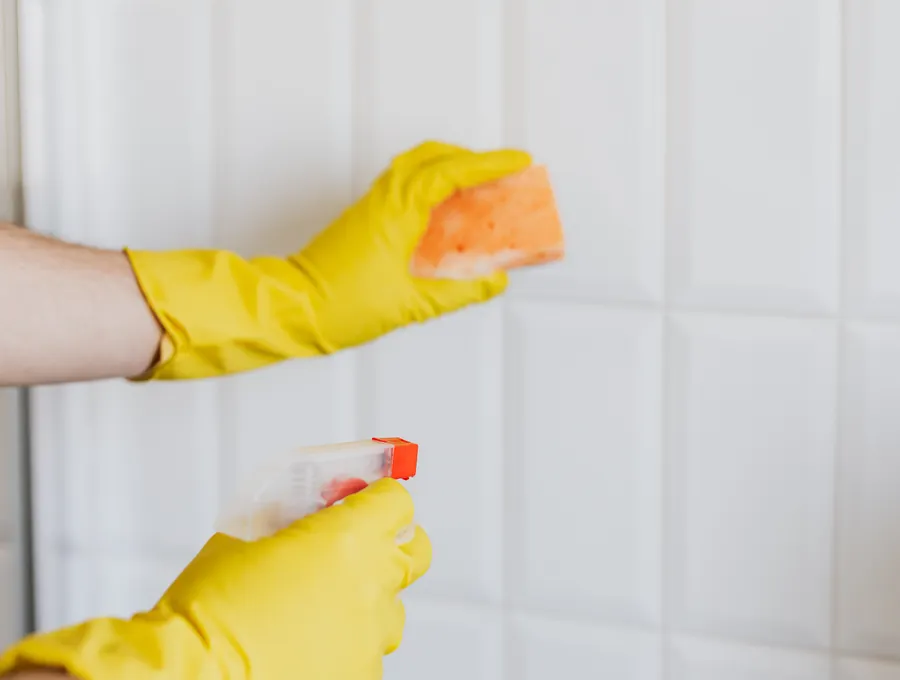 Gloved hands cleaning a tiled surface